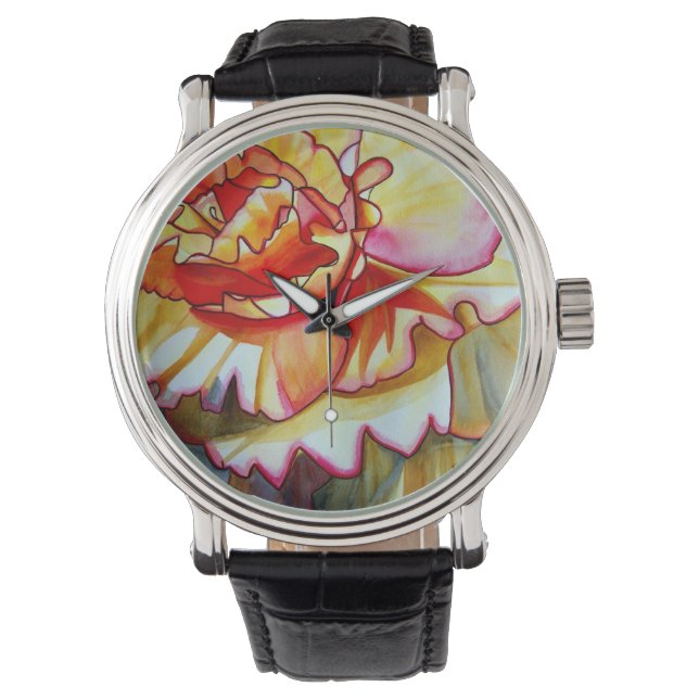 Gelbe Begonia Blume Aquarellkunst Armbanduhr (Vorderseite)