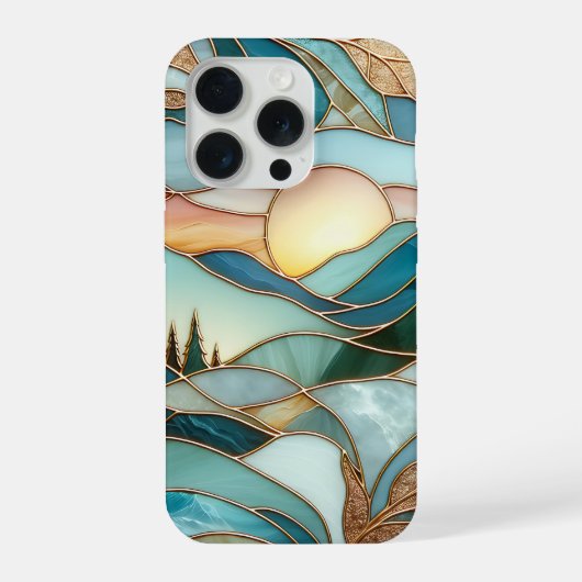 Gelbe Berggipfel-Wald-Buntglas-Kunst iPhone Hülle (Rückseite)
