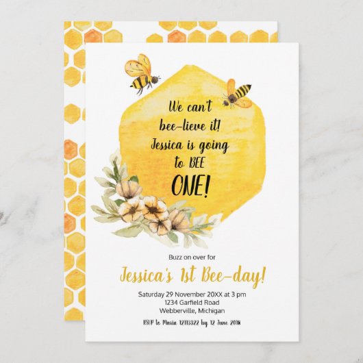 Gelbe Biene 1. Geburtstag Party Einladung (Vorne/Hinten)