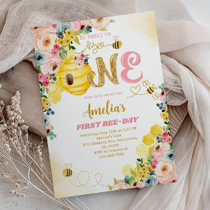 Gelbe Biene 1. Geburtstag - Rosa Floral Einladung