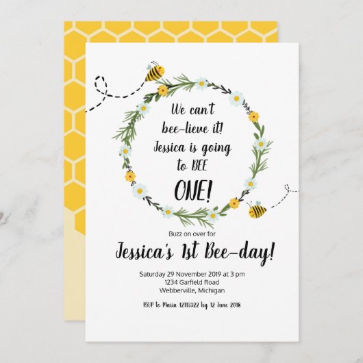 Gelbe Biene Rustikale Party Einladung 1. Geburtsta (Vorne/Hinten)