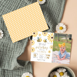 Gelbe Bienenblume Virtuelles Erstes Geburtstags-Fo Einladungspostkarte
