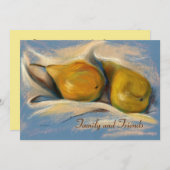 Gelbe Birnen auf blauem Papier Zeichnend Erntedank Einladung (Vorne/Hinten)