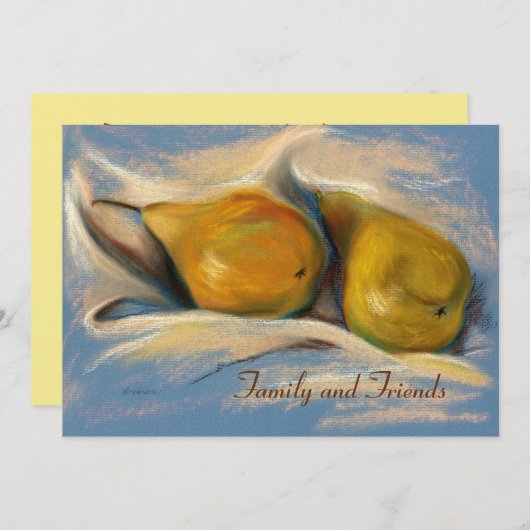 Gelbe Birnen auf blauem Papier Zeichnend Erntedank Einladung (Vorne/Hinten)