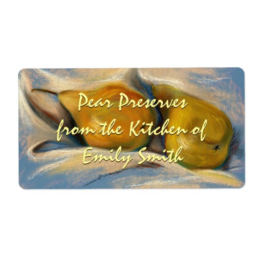 Gelbe Birnen auf blauem Papier Zeichnend Konservie (Vorne)