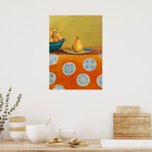Gelbe Birnen auf orangefarbenem Tischdecken Poster
