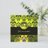 GELBE BLACK DAMASK MONOGRAM, Topaz Einladung (Stehend Vorderseite)