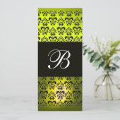 GELBE BLACK DAMASK MONOGRAMM, weiß Einladung (Stehend Vorderseite)