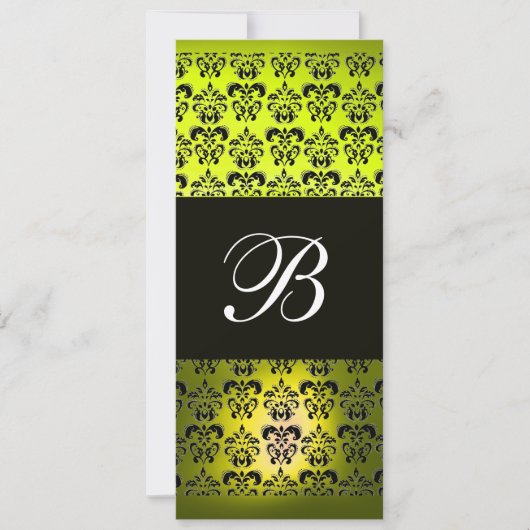 GELBE BLACK DAMASK MONOGRAMM, weiß Einladung (Vorderseite)