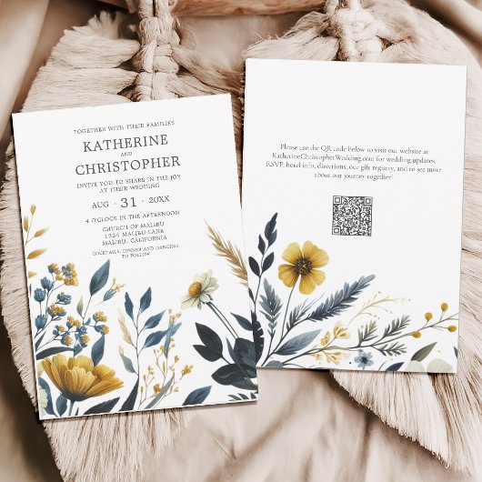 Gelbe blaue Aquarellfarben Wildblumen Elegante Hoc Einladung