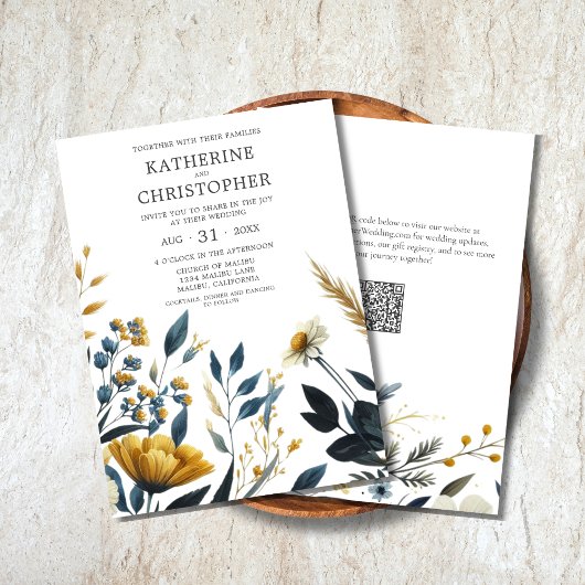 Gelbe blaue Aquarellfarben Wildblumen Elegante Hoc Einladung