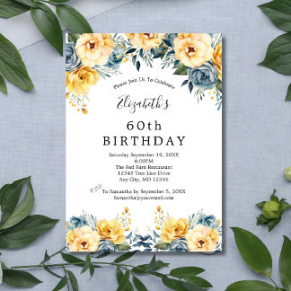 Gelbe Blaue Blumen Floral 60. 70. 80. Geburtstag Einladung
