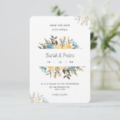 Gelbe blaue Blütenfarbenflorenkarte Save the Date (Stehend Vorderseite)