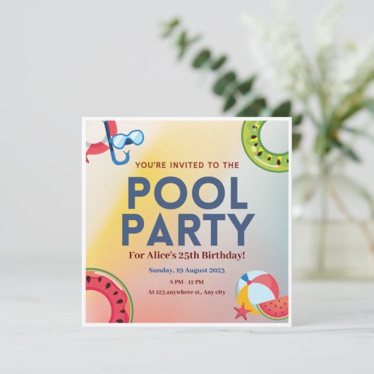 Gelbe blaue Gradient Pool Party Einladung (Stehend Vorderseite)