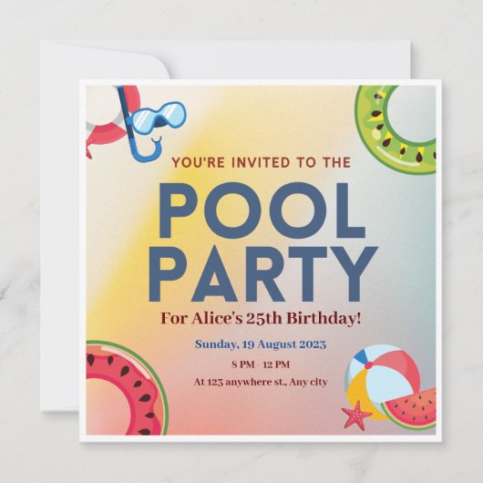 Gelbe blaue Gradient Pool Party Einladung (Vorderseite)