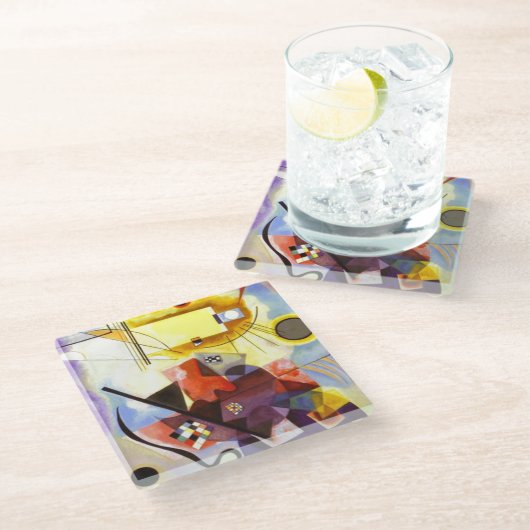 Gelbe blaue Kandinsky-Abstrakte Malerei Glasuntersetzer (Schrägansicht)