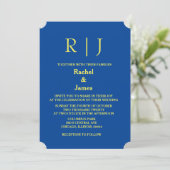 Gelbe blaue Monogramme Minimal Elegante Hochzeit Einladung (Stehend Vorderseite)