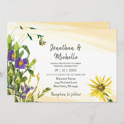Gelbe blaue rustikale Wildblumen Christlich Hochze Einladung (Vorne/Hinten)