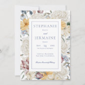 Gelbe blaue und weiße blütenweiße Rahmen Hochzeit Einladung (Vorderseite)