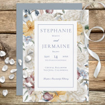 Gelbe blaue und weiße blütenweiße Rahmen Hochzeit