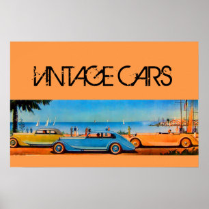 GELBE BLAUE VINTAGE CARS AUF DER STRANDSTRASSE POSTER