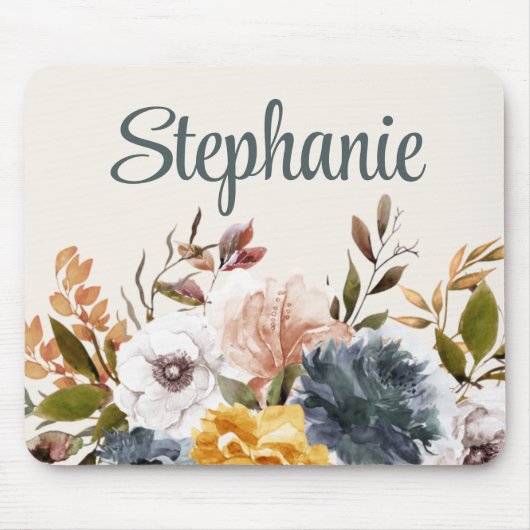 Gelbe blaue Wasserfarbe Blumengrün Name Mousepad (Vorne)