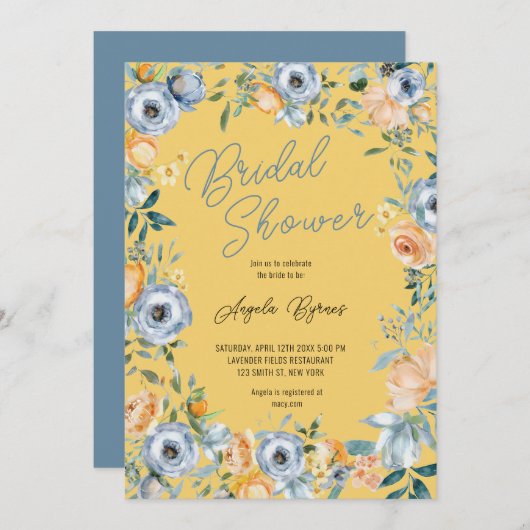 Gelbe blaue Wildblumen Aquarellfarben Brautparty Einladung (Vorne/Hinten)