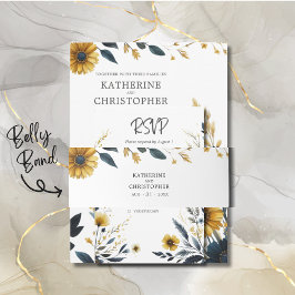 Gelbe blaue Wildblumen Elegante Hochzeit Einladungsbanderole