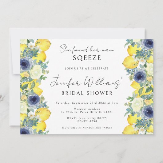 Gelbe blaue Zitrone Brautdusche Einladung (Vorderseite)