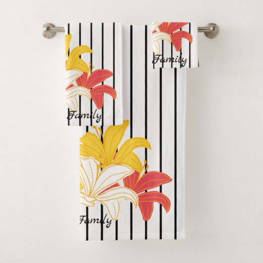 Gelbe Blume auf Schwarz-weißem Streifen Badhandtuch Set (Insitu)