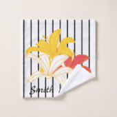 Gelbe Blume auf Schwarz-weißem Streifen Badhandtuch Set (Waschlappen)