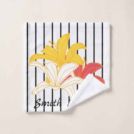 Gelbe Blume auf Schwarz-weißem Streifen Badhandtuch Set (Waschlappen)