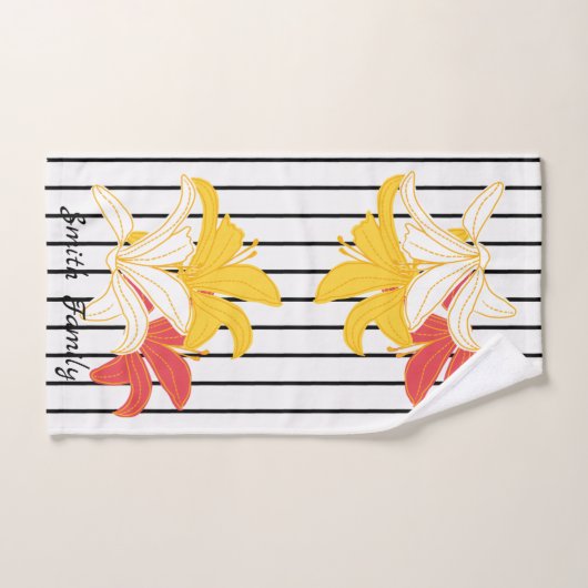 Gelbe Blume auf Schwarz-weißem Streifen Badhandtuch Set (Handtuch)