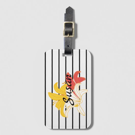 Gelbe Blume auf Schwarz-weißem Streifen Gepäckanhänger (Vorderseite Vertikal)
