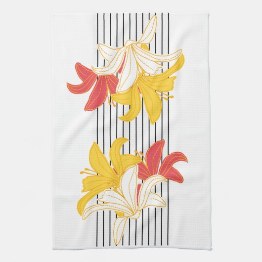 Gelbe Blume auf Schwarz-weißen Streifen Geschirrtuch (Vertikal)