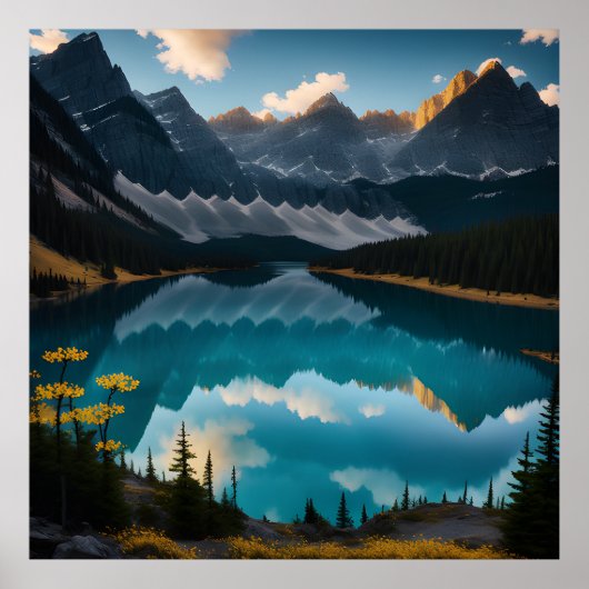 Gelbe Blume Bergsee Landschaftsbild Poster (Vorne)