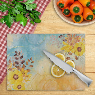 Gelbe Blume Blaues Marmor Wasserfarbe Schneidebrett