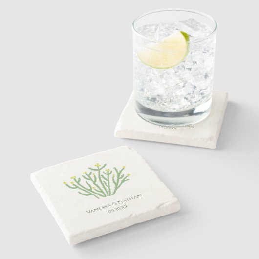 Gelbe Blume Cholla Cactus Gastgeschenk Hochzeit Steinuntersetzer (Seitenansicht)