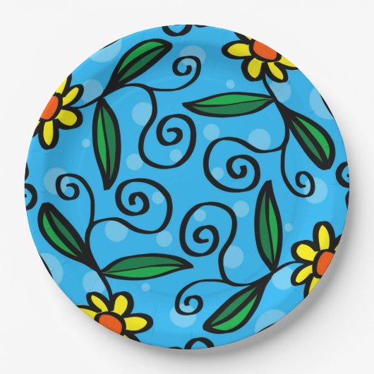 Gelbe Blume Doodle Art Designs Papier Teller (Vorderseite)