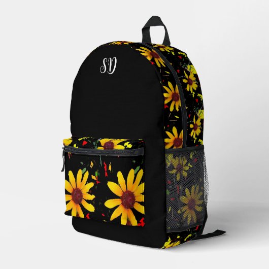 Gelbe Blume Floral Monogramm Bedruckter Rucksack (Rückseitige Ecke Rechts)