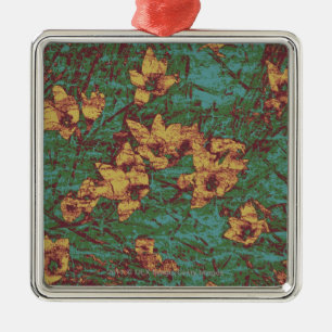 Gelbe Blume gegen Blatttarnungsmuster 2 Silbernes Ornament