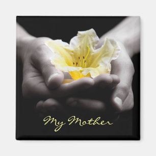 Gelbe Blume in den Händen für Mutter Magnet