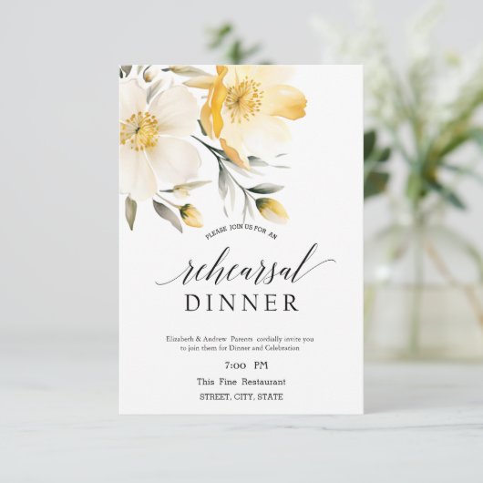 Gelbe Blume Probe Abendessen Einladung (Stehend Vorderseite)