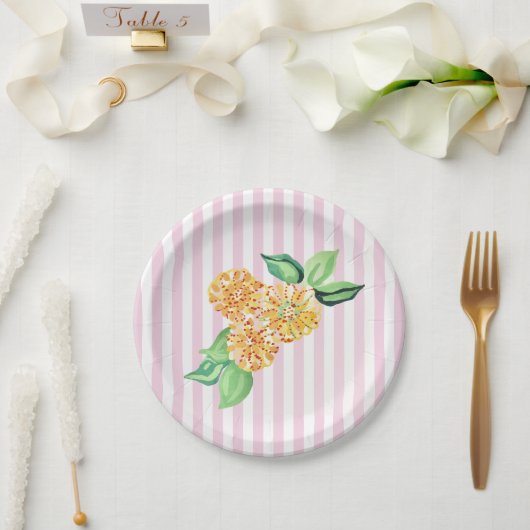 Gelbe Blume Rosa Streifen Pappteller (Hochzeit)