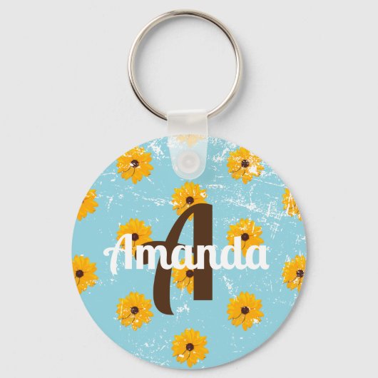 Gelbe Blume Rustikales Ei Blau, das immer wächst Schlüsselanhänger (Rückseite)