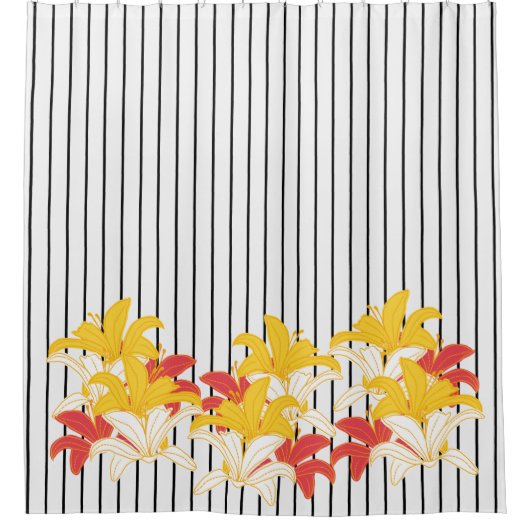 Gelbe Blume Schwarz-weiß Streifen Duschvorhang (Vorderseite)