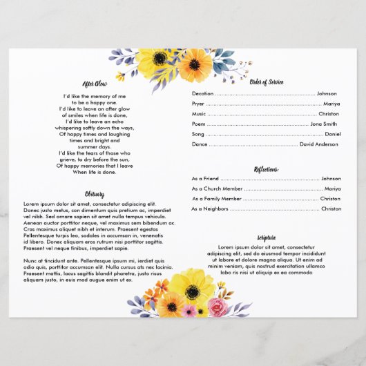 GELBE BLUME | Vorlage des Beerdigungsprogramms (Rückseite)
