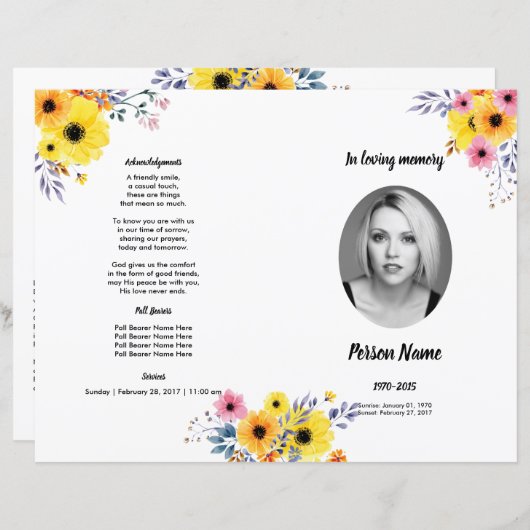 GELBE BLUME | Vorlage des Beerdigungsprogramms (Vorne/Hinten)