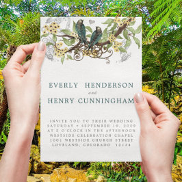 Gelbe Blumen Aquamarine Vintage Lovebird Hochzeit Einladung