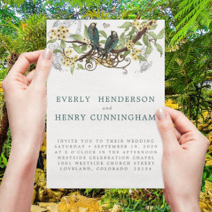 Gelbe Blumen Aquamarine Vintage Lovebird Hochzeit Einladung